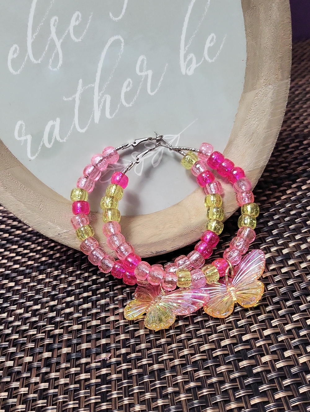 Pink and Yellow Beaded Butterfly Hoop Earrings